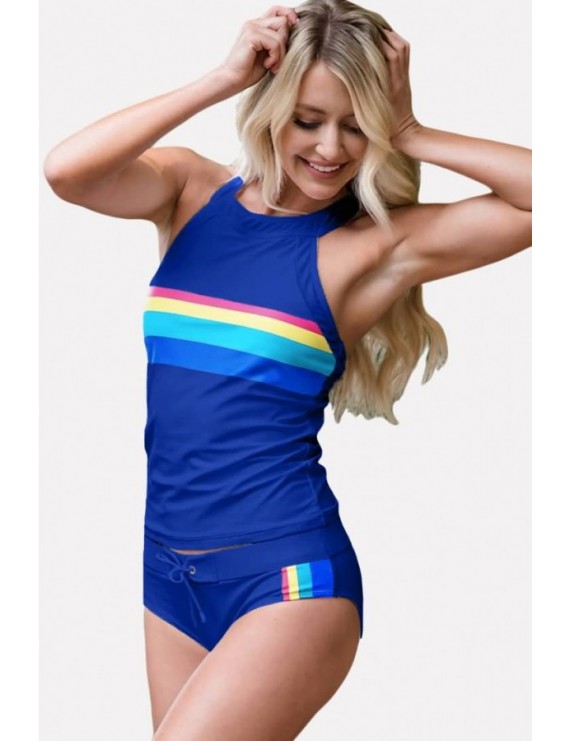Blue Patchwork Halter Padded Active Tankini