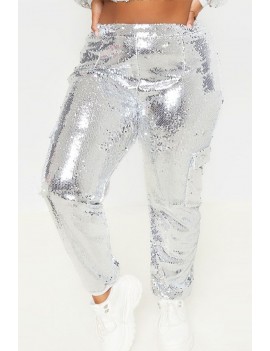Silver Sequins Pocket High Waist Casual Plus Size Pants
