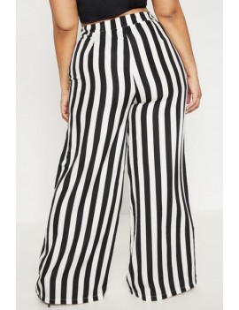 Black-white Stripe High Waist Wide Leg Casual Plus Size Pants