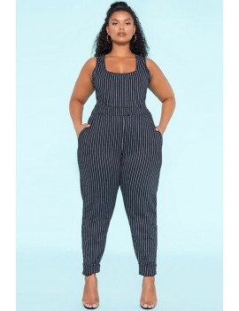 Black Stripe Pocket Sleeveless High Waist Casual Plus Size Jumpsuit