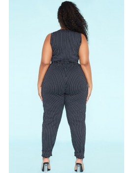Black Stripe Pocket Sleeveless High Waist Casual Plus Size Jumpsuit