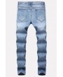 Men Light-blue Ripped Zipper Side Casual Slim Jeans