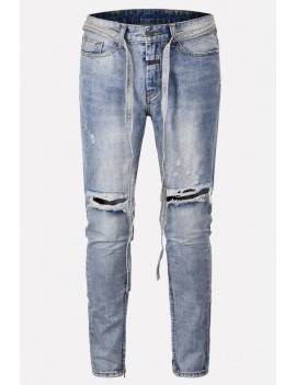 Men Light-blue Ripped Zipper Side Casual Jeans