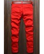 Men Red Zipper Decor Ruched Casual Slim Jeans