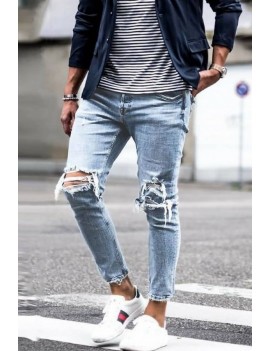 Men Light-blue Ripped Raw Hem Casual Slim Jeans