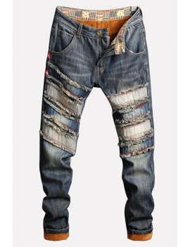 Men Blue Ripped Pocket Casual Thick Jeans