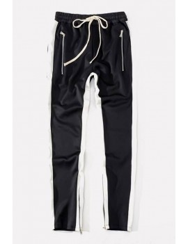 Men Stripe Side Zipper Pocket Drawstring Waist Sports Sweat Pants