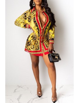 Lovely Casual Printed Gold Mini Shirt Dress(Without Belt)