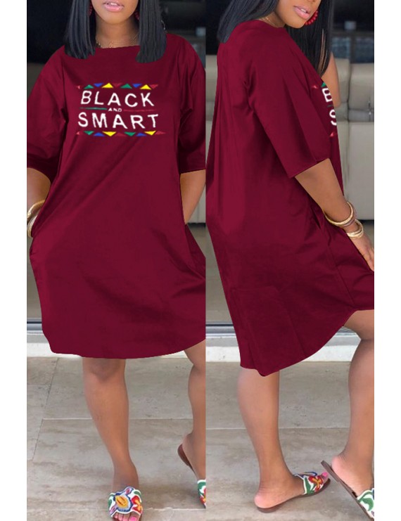 Lovely Casual Letter Printed Wine Red Knee Length Dress