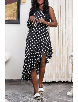 Lovely Sweet Asymmetrical Dot Black Mid Calf Dress