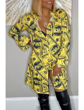 Lovely Casual V Neck Printed Yellow Mini Dress
