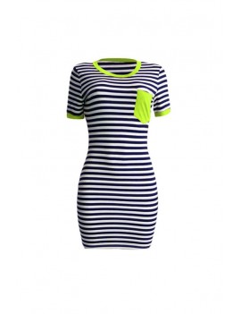 Lovely Casual O Neck Striped Patchwork Green Mini Dress