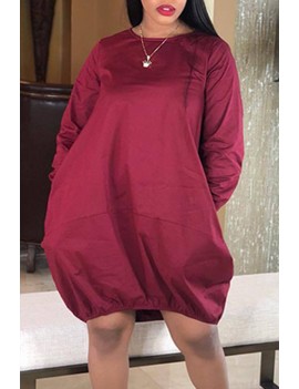 Lovely Trendy O Neck Loose Wine Red Knee Length Dress