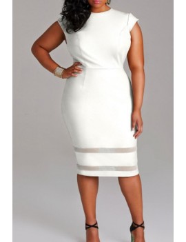 Lovely Casual Patchwork White Knee Length Plus Size Dress