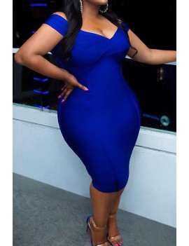 Lovely Casual V Neck Blue Knee Length Plus Size Dress