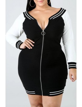 Lovely Casual Zipper Design Black Plus Size Mini Dress
