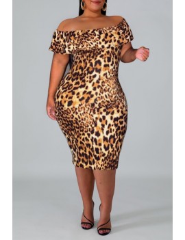 Lovely Stylish Off The Shoulder Leopard Printed Knee Length Plus Size Dress