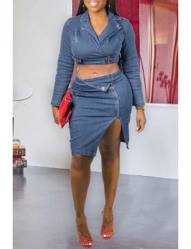 Lovely Trendy Zipper Design Blue Two-piece Skirt Set