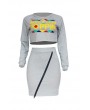 Lovely Euramerican  Long Sleeves Letters Printed Grey  Two-piece Skirt Set