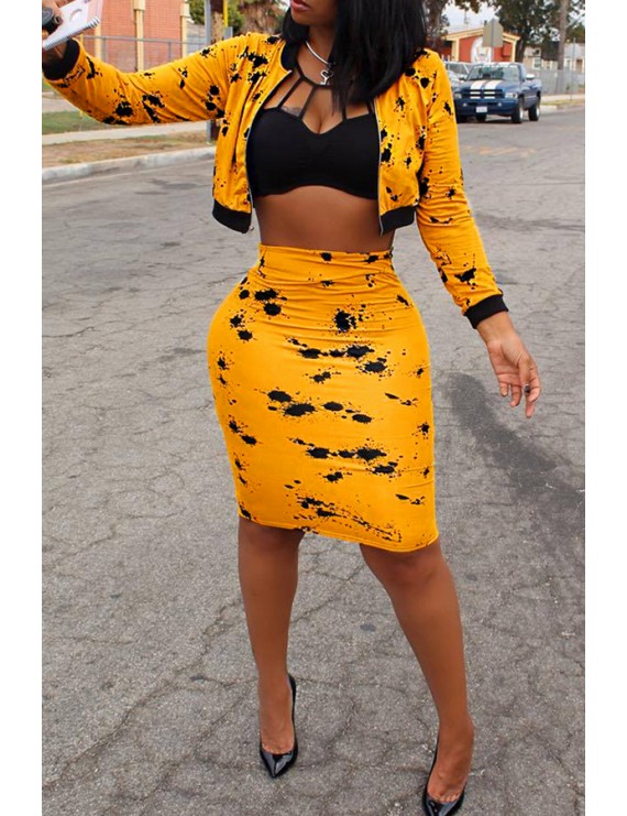 Lovely Casual Long Sleeves Printed Yellow Blending Two-piece Skirt Set