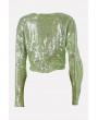 Light-green Sequins Round Neck Long Sleeve Casual Crop Top