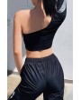 Black Reflective Push Buckle One Shoulder Long Sleeve Casual Crop Top