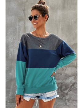 Teal Color Block Round Neck Casual Sweatshirt