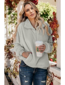 Light-gray Faux Fur Zipper Up Pocket Casual Sweatshirt