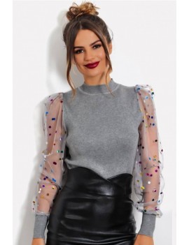 Splicing Mesh Sequins Mock Neck Long Sleeve Chic Pullover
