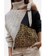 Color Block Leopard Turtle Neck Long Sleeve Chic Pullover