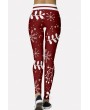 Dark-red Snowflake Print Elastic Waist Christmas Skinny Leggings