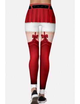 Red 3d Print Elastic Waist Christmas Skinny Leggings