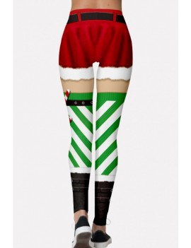 Green Stripe Print Elastic Waist Christmas Skinny Leggings