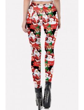 Multi Santa Claus Print Elastic Waist Christmas Skinny Leggings