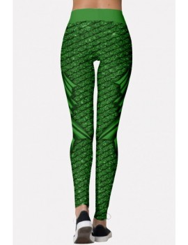 Green Fish Scale Print Elastic Waist Christmas Skinny Leggings