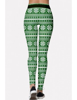 Green Snowflake Print Elastic Waist Christmas Skinny Leggings