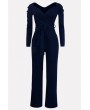 Dark-blue Wrap Tied V Neck Long Sleeve Casual Jumpsuit