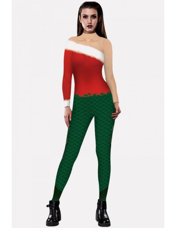 Green Fish Scale Print Mock Neck Long Sleeve Christmas Jumpsuit