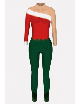 Green Fish Scale Print Mock Neck Long Sleeve Christmas Jumpsuit