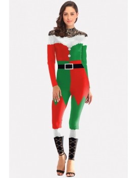 Multi 3d Print Mock Neck Long Sleeve Christmas Jumpsuit