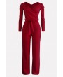 Dark-red Wrap Tied V Neck Long Sleeve Casual Jumpsuit