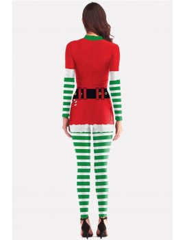 Green Stripe 3d Print Mock Neck Long Sleeve Christmas Jumpsuit