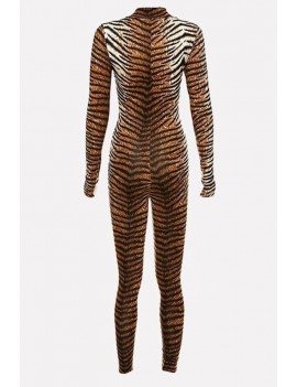 Brown Tiger Pattern Zipper Front Long Sleeve Casual Jumpsuit