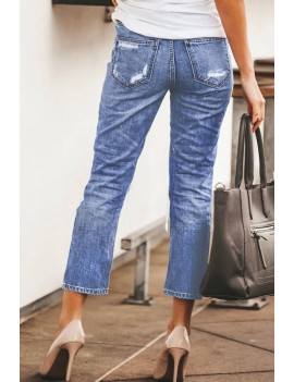 Blue Ripped Pocket High Waist Casual Jeans