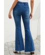 Dark-blue Ripped Elastic Waist Pocket Casual Flared Jeans