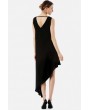 Black Embroidery Asymmetric Hem V Back Casual Chiffon Dress