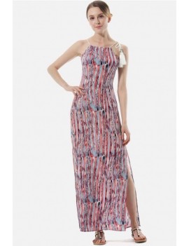 Watermelon Stripe Sleeveless Slit Side Casual Maxi Chiffon Dress