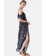 Dark-blue Floral Print Cold Shoulder Slit Side V Neck Casual Maxi Chiffon Dress