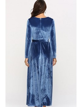 Blue Tied Long Sleeve Casual Maxi Velvet Dress