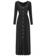 Black V Neck Button Up Long Sleeve Pocket Casual Maxi Dress